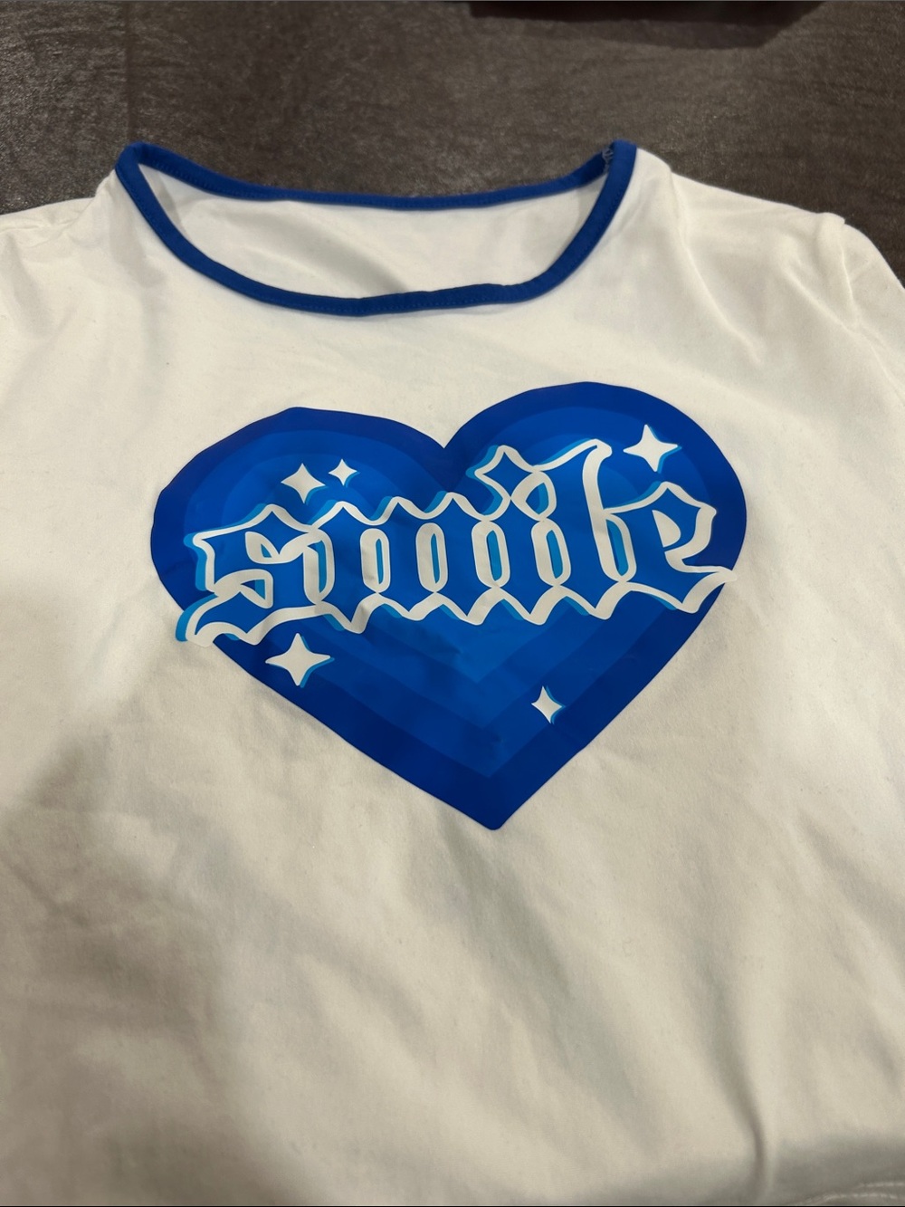 SHEIN White Tee with Blue Heart Graphic